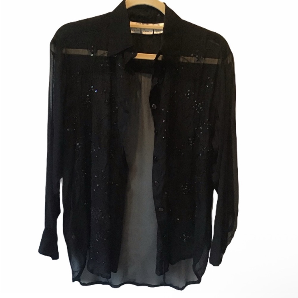 PIER 1 PASSPORTS Western Sheer Embroidered Button-Up Top, Black, Small, EUC PMB3
